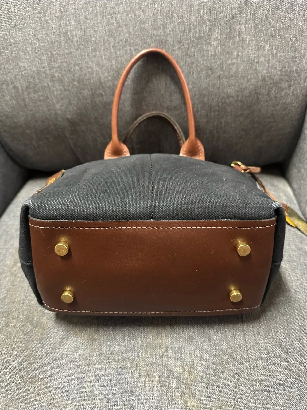 R. Riveter Dot Small Tote Bag in Black Washed Canvas + Brown Leather